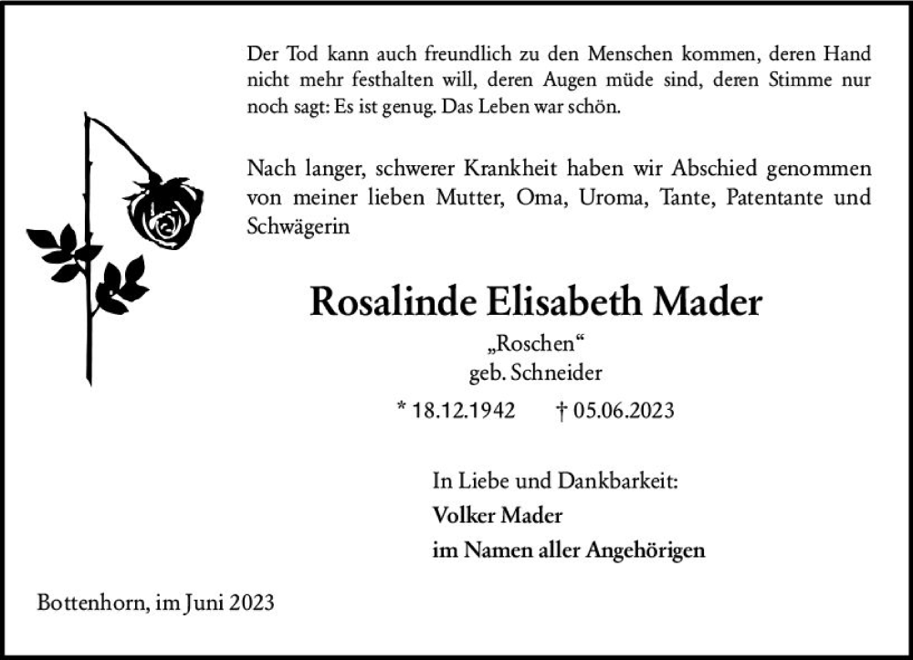  Traueranzeige für Rosalinde Elisabeth Mader vom 10.06.2023 aus Hinterländer Anzeiger