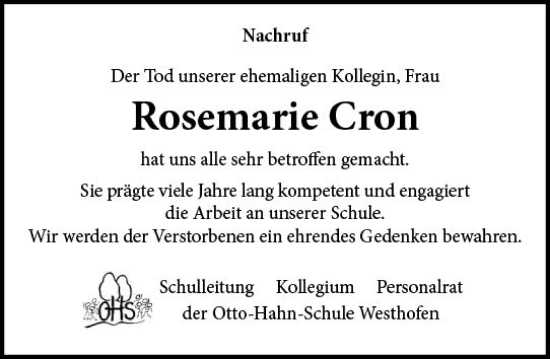 Traueranzeige von Rosemarie Cron von Wormser Zeitung