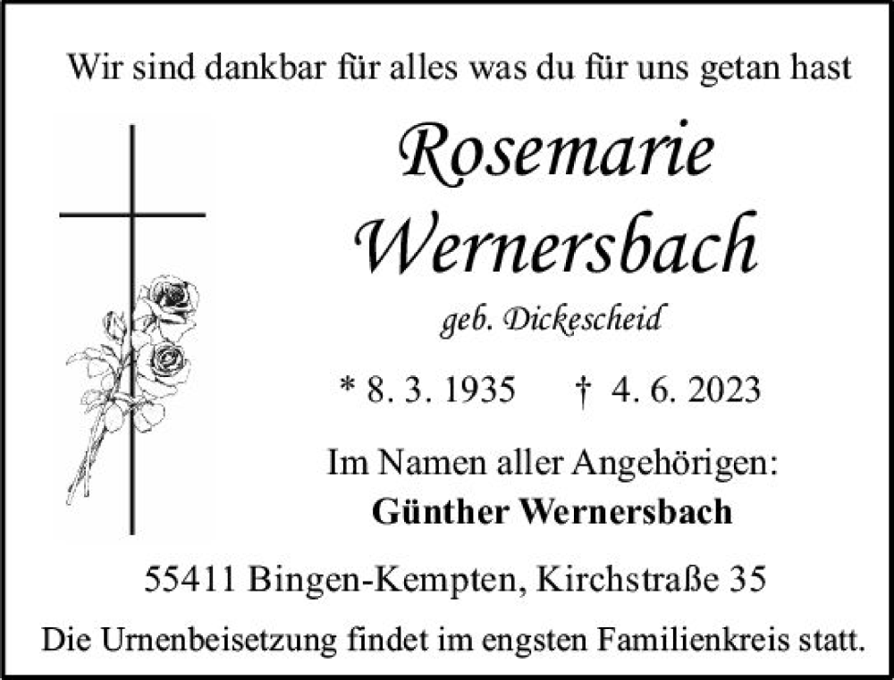  Traueranzeige für Rosemarie Wernersbach vom 10.06.2023 aus Allgemeine Zeitung Bingen/Ingelheim
