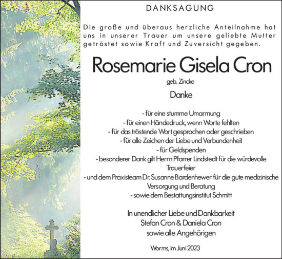 Traueranzeige von Rosemarie Gisela Ceon von Wormser Zeitung