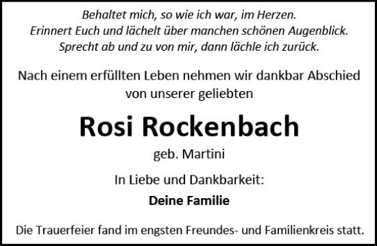 Traueranzeige von Rosi Rockenbach von Allgemeine Zeitung Mainz