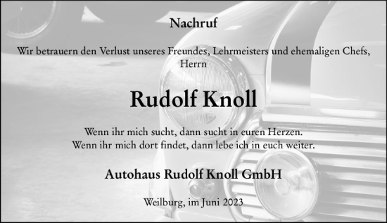 Traueranzeige von Rudolf Knoll von Weilburger Tageblatt