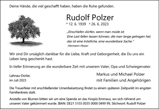 Traueranzeige von Rudolf Polzer von Wetzlarer Neue Zeitung