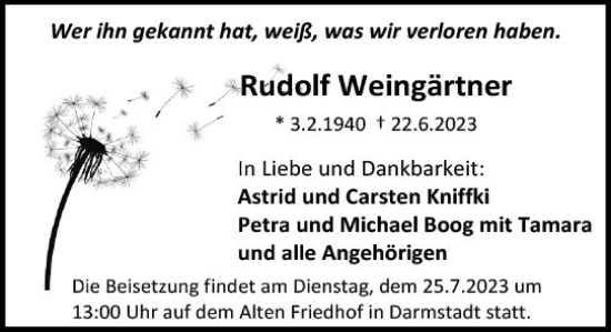 Traueranzeige von Rudolf Weingärtner von Darmstädter Echo