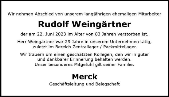Traueranzeige von Rudolf Weingärtner von Darmstädter Echo