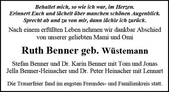 Traueranzeige von Ruth Benner von Allgemeine Zeitung Mainz