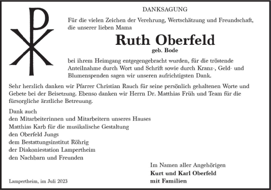 Traueranzeige von Ruth Oberfeld von Starkenburger Echo