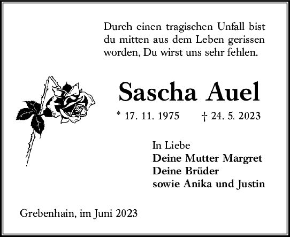  Traueranzeige für Sascha Auel vom 03.06.2023 aus Lauterbacher Anzeiger