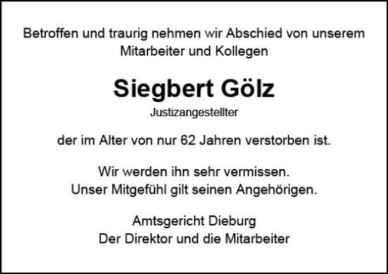 Traueranzeige von Siegbert Gölz von Darmstädter Echo