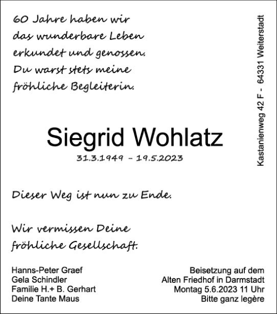 Traueranzeige von Siegrid Wohlatz von Darmstädter Echo