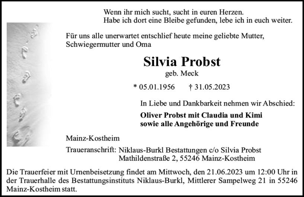  Traueranzeige für Silvia Probst vom 17.06.2023 aus Allgemeine Zeitung Mainz
