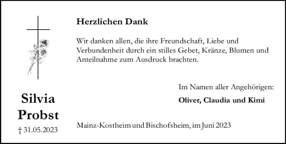  Traueranzeige für Silvia Probst vom 01.07.2023 aus Allgemeine Zeitung Mainz
