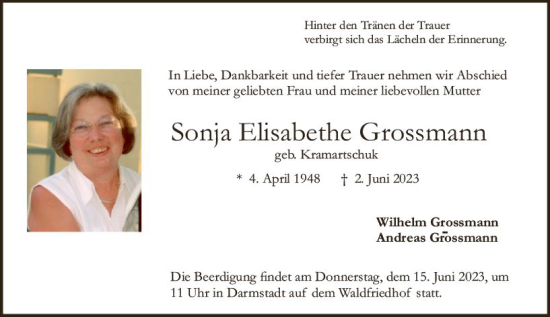 Traueranzeige von Sonja Elisabethe Grossmann von Odenwälder Echo
