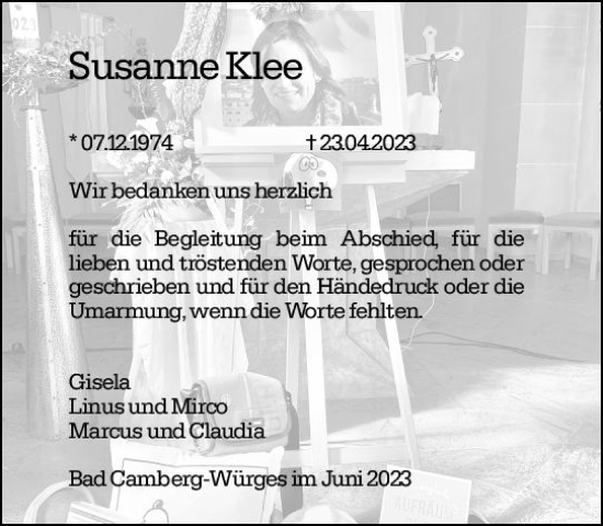 Traueranzeige von Susanne Klee von Camberger Anzeiger