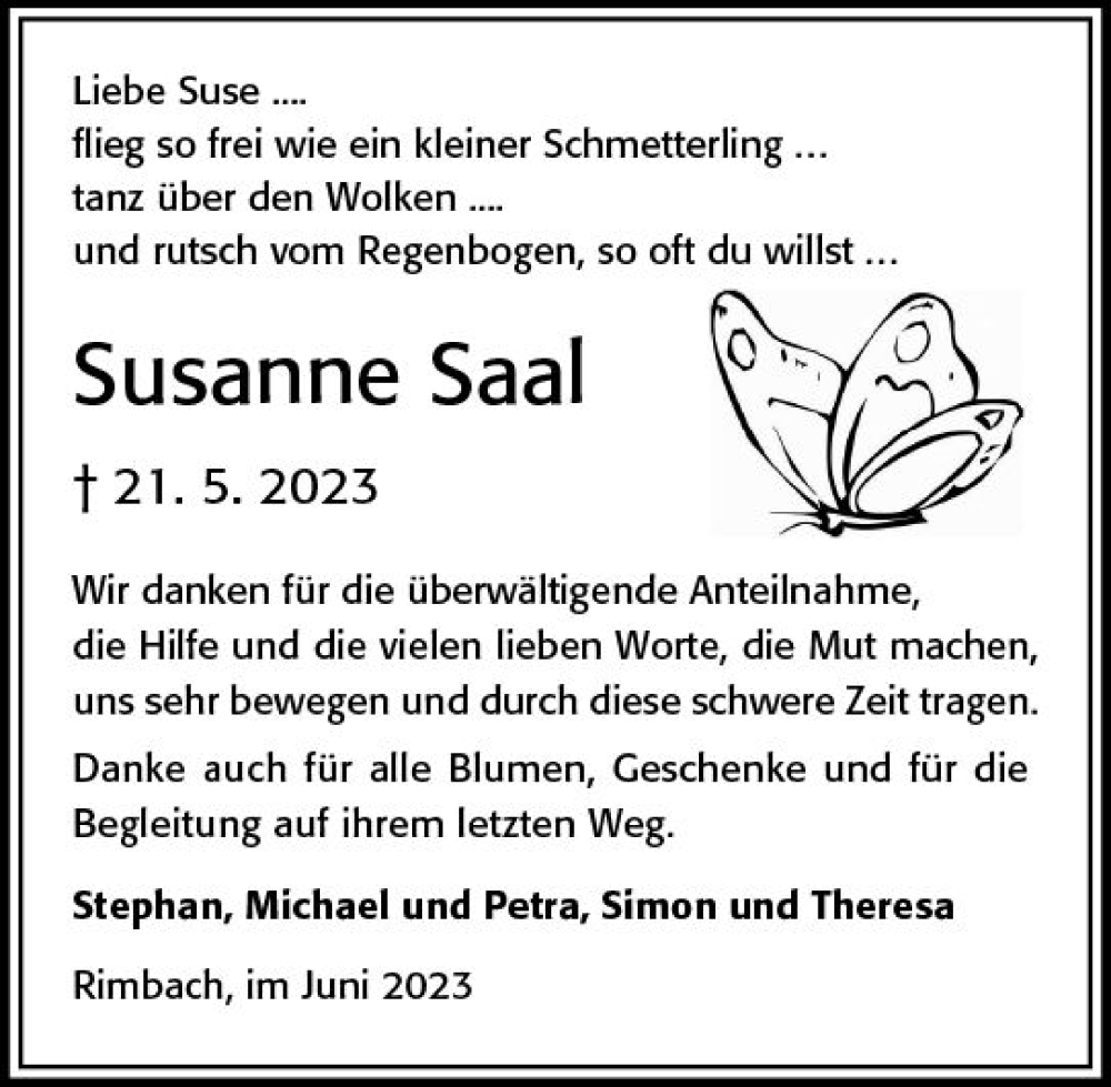  Traueranzeige für Susanne Saal vom 17.06.2023 aus Starkenburger Echo