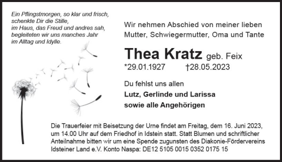 Traueranzeige von Thea Kratz von Idsteiner Land/Untertaunus