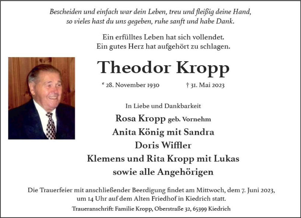  Traueranzeige für Theodor Kropp vom 03.06.2023 aus Rheingau Kurier