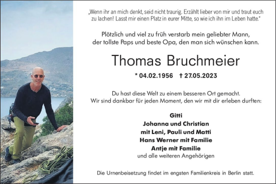 Traueranzeige von Thomas Bruchmeier von Weilburger Tageblatt