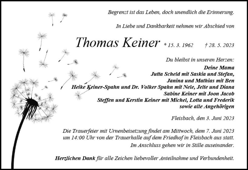  Traueranzeige für Thomas Keiner vom 03.06.2023 aus Dill Block