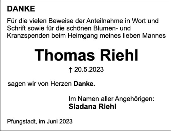 Traueranzeigen von Thomas Riehl | www.vrm-trauer.de
