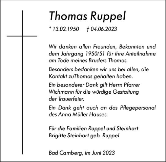 Traueranzeige von Thomas Ruppel von Camberger Anzeiger