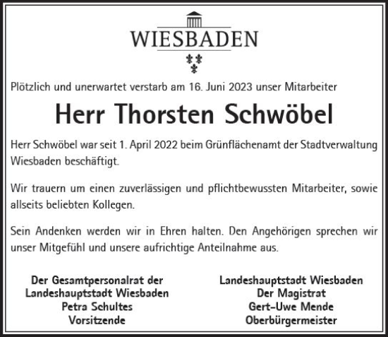 Traueranzeige von Thorsten Schwöbel von Wiesbadener Kurier