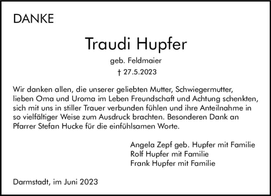 Traueranzeige von Traudi Hupfer von Darmstädter Echo