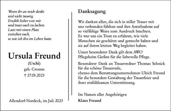 Traueranzeige von Ursula Freund von Weilburger Tageblatt
