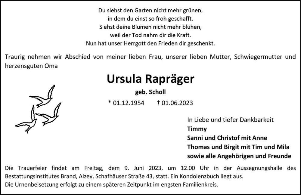  Traueranzeige für Ursula Rapräger vom 03.06.2023 aus Allgemeine Zeitung Alzey