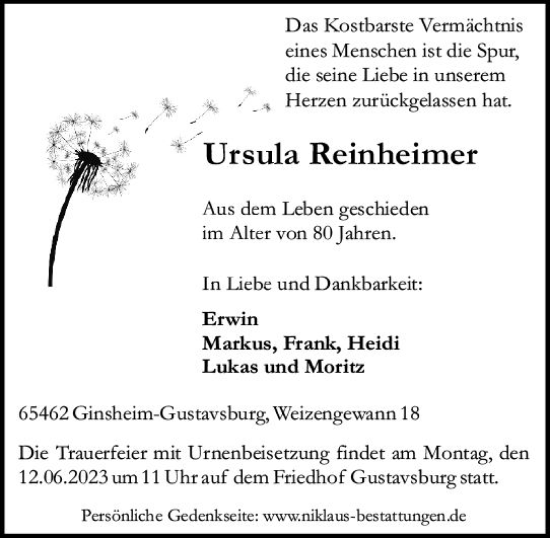 Traueranzeige von Ursula Reinheimer von Allgemeine Zeitung Mainz