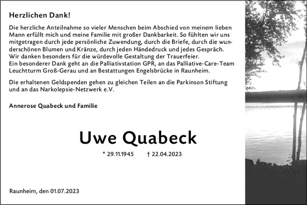  Traueranzeige für Uwe Quabeck vom 01.07.2023 aus Rüsselsheimer Echo
