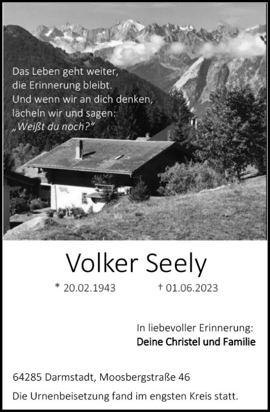 Traueranzeige von Volker Seely von Darmstädter Echo