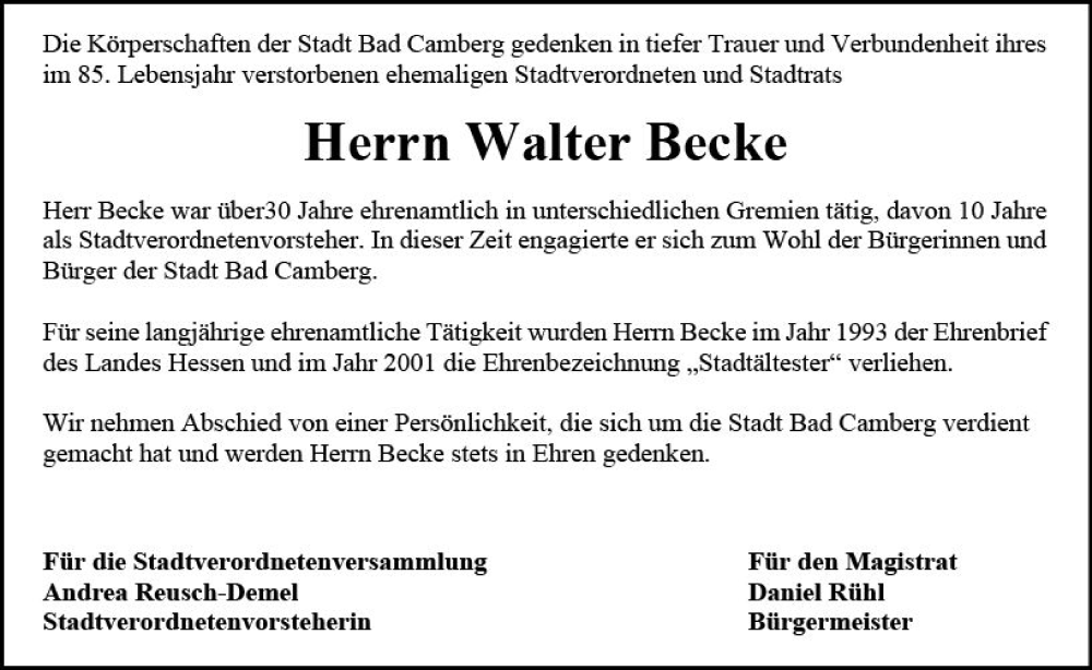  Traueranzeige für Walter Becke vom 29.06.2023 aus Camberger Anzeiger