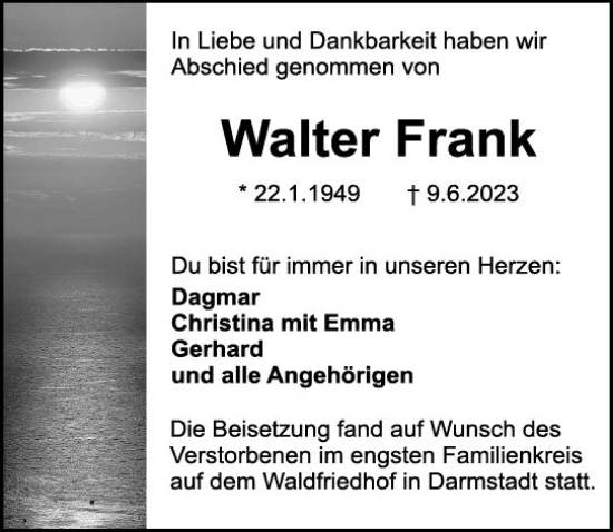 Traueranzeige von Walter Frank von Darmstädter Echo