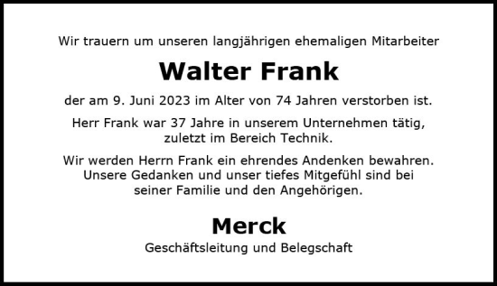 Traueranzeige von Walter Frank von Darmstädter Echo