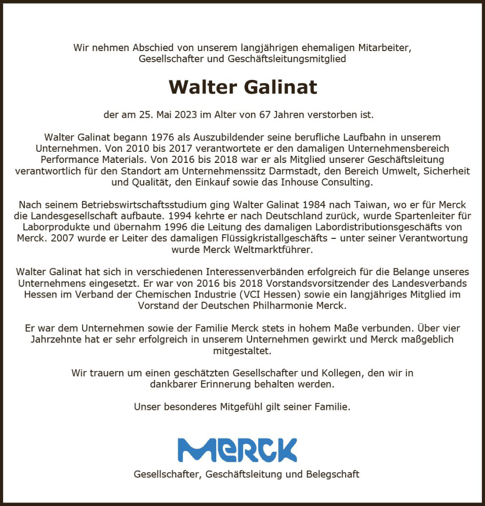 Traueranzeige für Walter Galinat vom 03.06.2023 aus Darmstädter Echo