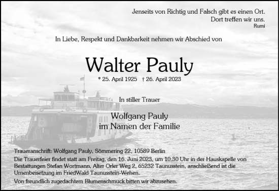 Traueranzeige von Walter Pauly von Idsteiner Land/Untertaunus