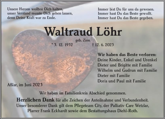 Traueranzeige von Waltraud Löhr von Wetzlarer Neue Zeitung