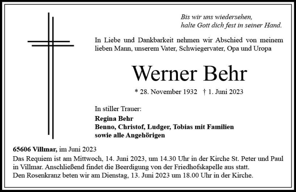  Traueranzeige für Werner Behr vom 07.06.2023 aus Nassauische Neue Presse