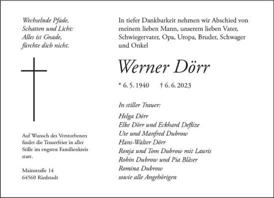 Traueranzeige von Werner Dörr von Groß-Gerauer Echo