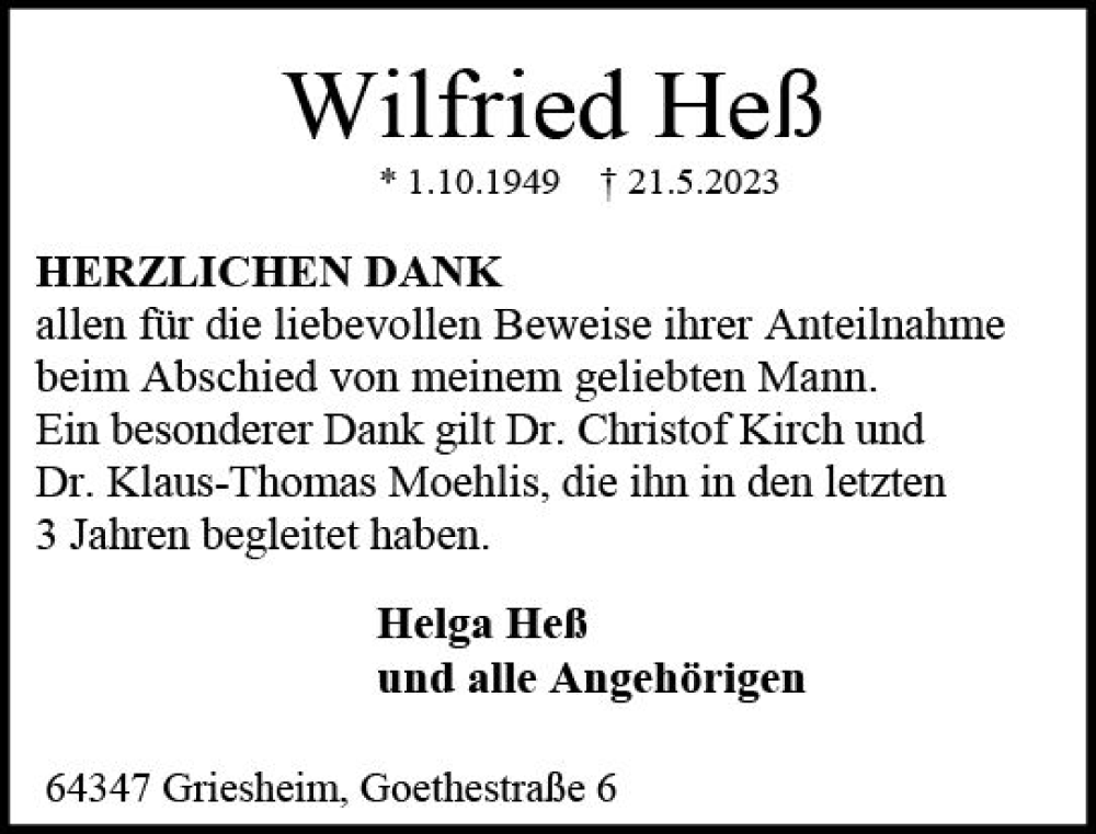  Traueranzeige für Wilfried Heß vom 24.06.2023 aus Darmstädter Echo