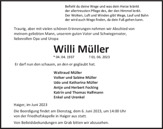 Traueranzeige von Willi Müller von Dill Block