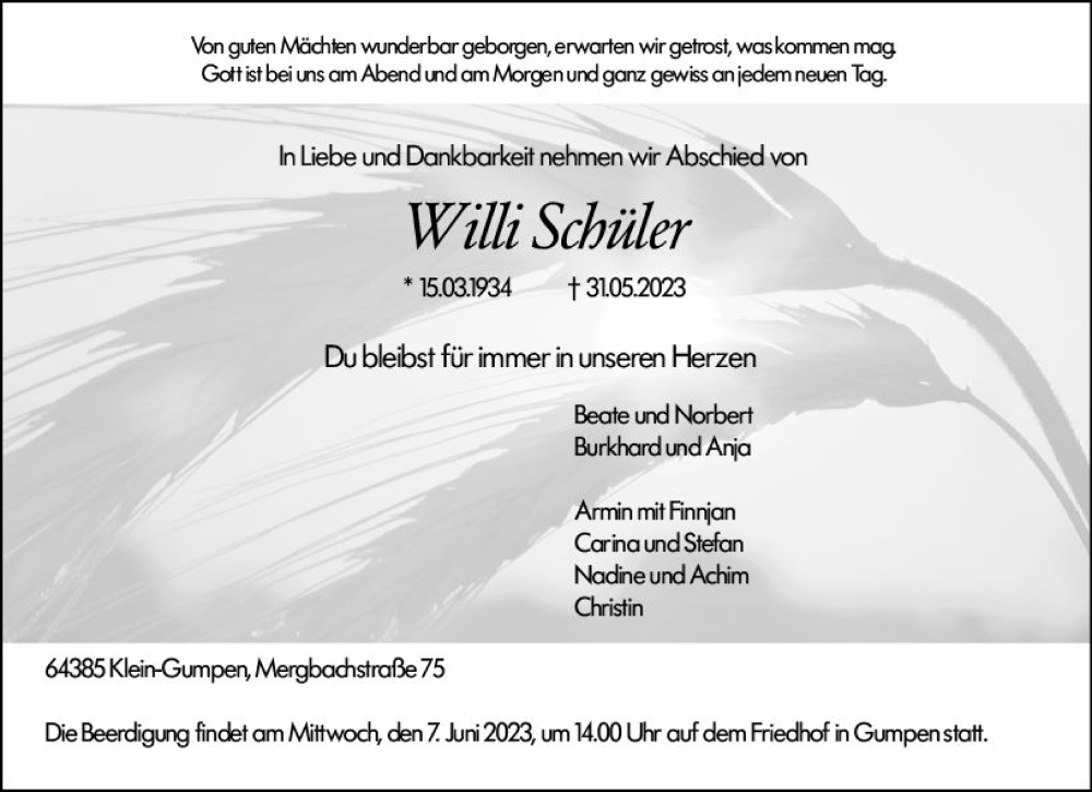  Traueranzeige für Willi Schüler vom 03.06.2023 aus Bergsträßer Anzeiger