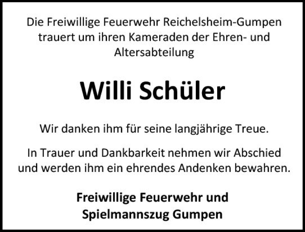  Traueranzeige für Willi Schüler vom 03.06.2023 aus Odenwälder Echo