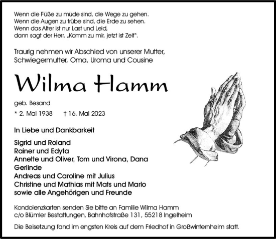 Traueranzeige von Wilma Hamm von Allgemeine Zeitung Bingen/Ingelheim