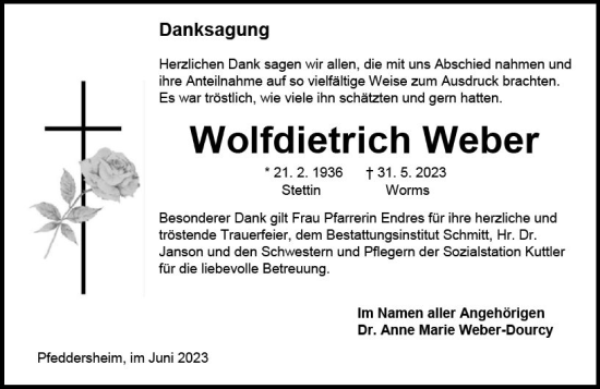 Traueranzeige von Wolfdietrich Weber von Wormser Zeitung