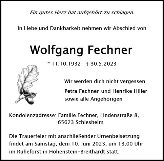 Traueranzeige von Wolfgang Fechner von Wiesbadener Kurier