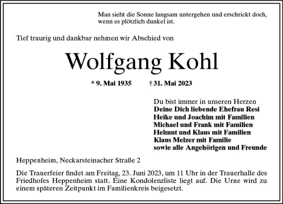Traueranzeige von Wolfgang Kohl von Starkenburger Echo