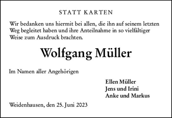 Traueranzeige von Wolfgang Müller von Hinterländer Anzeiger