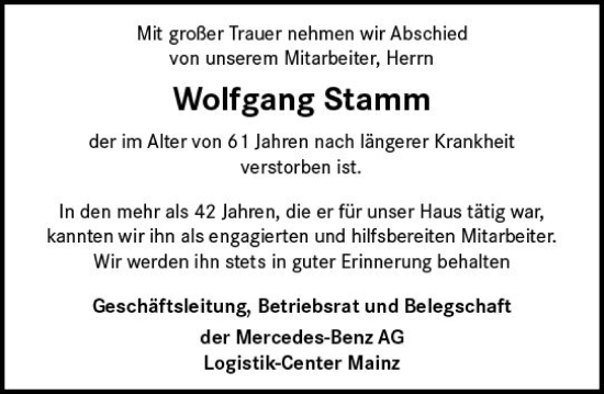 Traueranzeige von Wolfgang Stamm von Allgemeine Zeitung Mainz